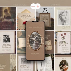May include: A collage of Instagram carousel templates with a vintage aesthetic. The templates feature quotes, book covers, and illustrations in sepia tones. The central image is a phone screen with a poem by Mariana Fischer.