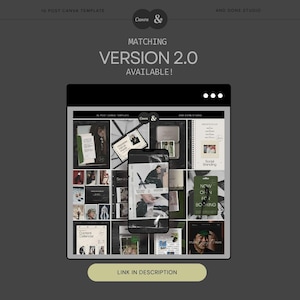 Puede incluir: Una pantalla gr&aacute;fica digital que muestra una cuadr&iacute;cula de plantillas para publicaciones en redes sociales. El texto dice IG POST CANVA TEMPLATE, AND DONE STUDIO, MATCHING VERSION 2.0 AVAILABLE! y LINK IN DESCRIPTION. Dise&ntilde;o en gris oscuro y blanco.