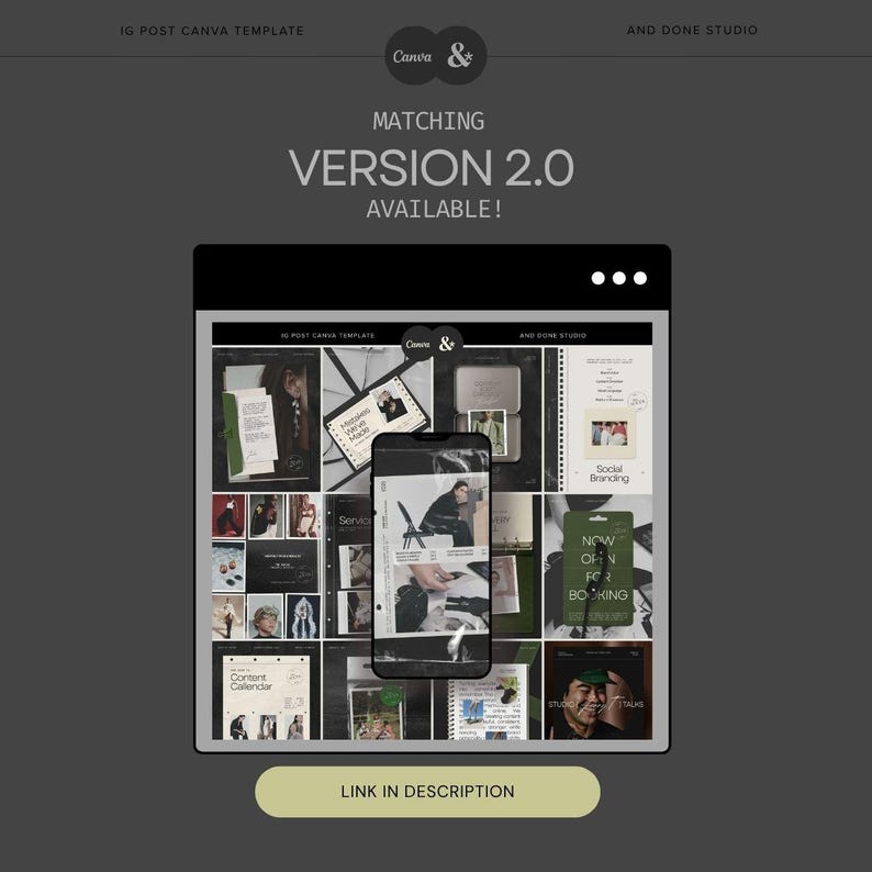 Puede incluir: Una pantalla gr&aacute;fica digital que muestra una cuadr&iacute;cula de plantillas para publicaciones en redes sociales. El texto dice IG POST CANVA TEMPLATE, AND DONE STUDIO, MATCHING VERSION 2.0 AVAILABLE! y LINK IN DESCRIPTION. Dise&ntilde;o en gris oscuro y blanco.