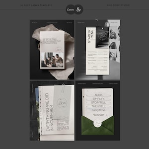 Puede incluir: Un conjunto de plantillas digitales para redes sociales con cuatro dise&ntilde;os distintos en est&eacute;tica monocrom&aacute;tica. Los dise&ntilde;os incluyen elementos de texto como 'We're the team behind brands that actually grow', 'Starter Menu', 'Everything we did in November' y 'Audit. Simplify. Storytell. Then sell. Every time.'