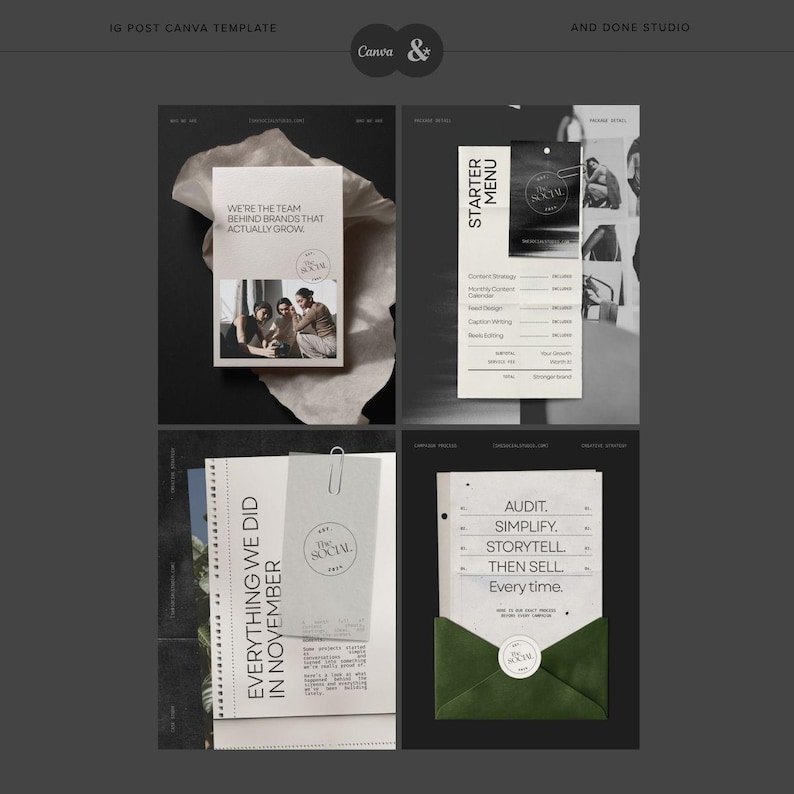 Puede incluir: Un conjunto de plantillas digitales para redes sociales con cuatro dise&ntilde;os distintos en est&eacute;tica monocrom&aacute;tica. Los dise&ntilde;os incluyen elementos de texto como 'We're the team behind brands that actually grow', 'Starter Menu', 'Everything we did in November' y 'Audit. Simplify. Storytell. Then sell. Every time.'