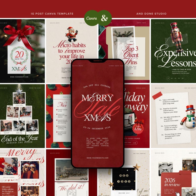 Puede incluir: Una colecci&oacute;n de plantillas digitales para redes sociales con dise&ntilde;os tem&aacute;ticos navide&ntilde;os en paletas de colores rojo, verde y crema. Las plantillas incluyen texto como Merry Sale XMAS, Top 3 Client Wins y Expensive Lessons en un smartphone.