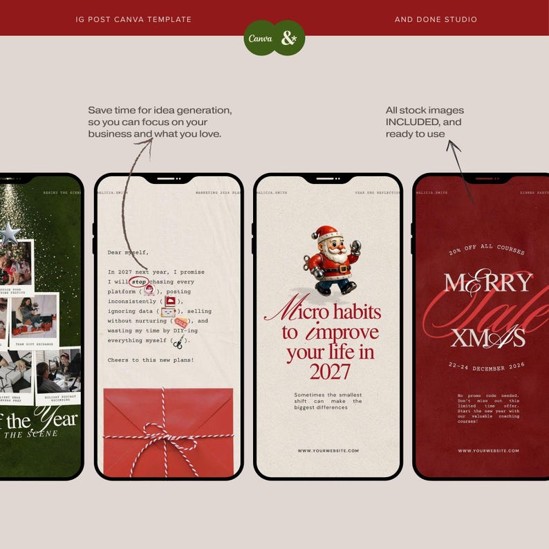 Puede incluir: Un conjunto de plantillas digitales de Canva para publicaciones de Instagram con cuatro pantallas de smartphone. Los dise&ntilde;os incluyen un collage navide&ntilde;o verde, una carta con sobre rojo, un Santa con texto sobre 2027 y un gr&aacute;fico rojo Merry Sale Xmas.