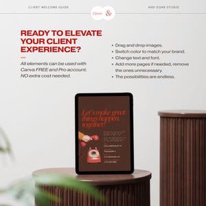 May include: A digital tablet displaying a client welcome guide template with the text READY TO ELEVATE YOUR CLIENT EXPERIENCE? and Let's make great things happen, together! The screen features a red rotary phone graphic and contact information.