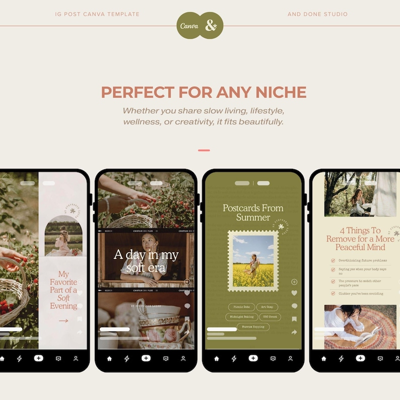 Peut inclure: Mod&egrave;le de publication Instagram avec quatre maquettes de smartphones pr&eacute;sentant du contenu lifestyle. Le texte comprend "Perfect for Any Niche" et "Postcards From Summer". Le design utilise une palette de couleurs douces, vertes et beiges. Pour le marketing num&eacute;rique.