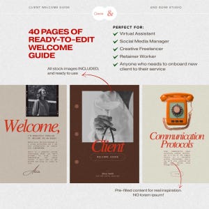 May include: A 40-page digital welcome guide template featuring red and dark brown text on a neutral background. The layout includes sections for client onboarding, communication protocols, and stock imagery, with a vintage orange rotary phone graphic.