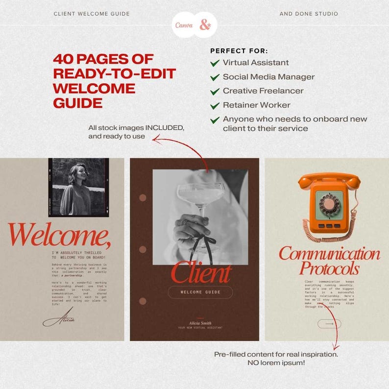 May include: A 40-page digital welcome guide template featuring red and dark brown text on a neutral background. The layout includes sections for client onboarding, communication protocols, and stock imagery, with a vintage orange rotary phone graphic.