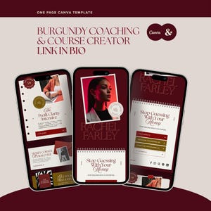 Puede incluir: Un conjunto de plantillas digitales para Canva con tres pantallas de smartphone que muestran diseños en color burdeos y crema. El texto incluye "Burgundy Coaching & Course Creator Link in Bio", "The Profit Clarity Intensive" y "Stop Guessing With Your Money."