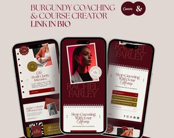 Canva-Link-in-Bio-Vorlage, kostenlose Linktree-Alternative für Business-Coaches, Instagram-Bio-Website in Dunkelburgunderrot, Landingpage für Kursanbieter, F1