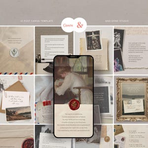 Peut inclure: Un collage de papeterie de style vintage et d'éléments numériques. Comprend un smartphone affichant une femme lisant, entourée de cartes postales, d'enveloppes et de notes manuscrites. Le texte "IG POST CANVA TEMPLATE" et "AND DONE STUDIO" sont visibles.
