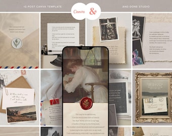 Light Academia Poetry Instagram Template for Writer, Canva Editable Quote Vintage Book Snippets Post, Author Marketing Social Media Kit