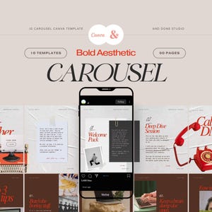 以下が含まれることがあります： Instagramのカルーセル投稿用のデジタルマーケティングテンプレート。デザインは、「Welcome Pack」というテキストを含むカルーセル投稿を表示するスマートフォンのモックアップが特徴です。テンプレートには、ニュートラルなカラーパレットで「Bold Aesthetic」と「Canva &」というテキストが含まれています。