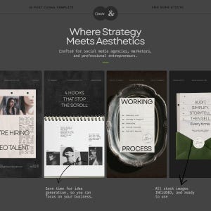 Puede incluir: Un conjunto de plantillas digitales de Canva para redes sociales con fondos gris oscuro y tipograf&iacute;a blanca. El texto dice Where Strategy Meets Aesthetics, 4 Hooks That Stop The Scroll, Working Process y Audit. Simplify. Storytell. Then Sell. Every time.