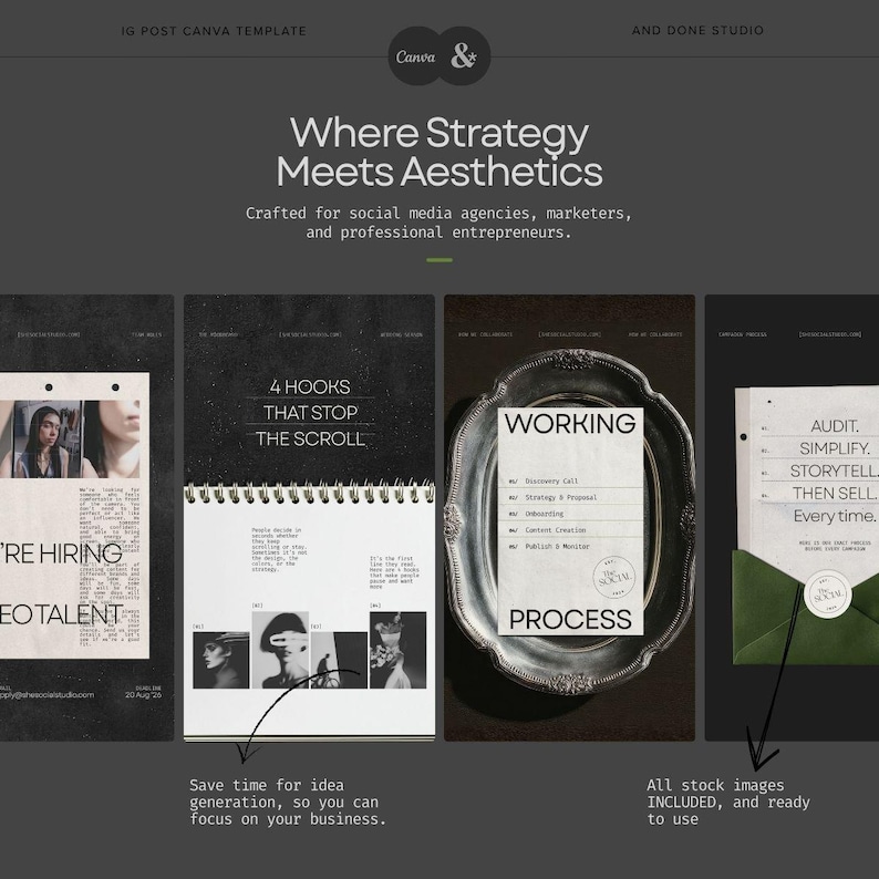 Puede incluir: Un conjunto de plantillas digitales de Canva para redes sociales con fondos gris oscuro y tipograf&iacute;a blanca. El texto dice Where Strategy Meets Aesthetics, 4 Hooks That Stop The Scroll, Working Process y Audit. Simplify. Storytell. Then Sell. Every time.