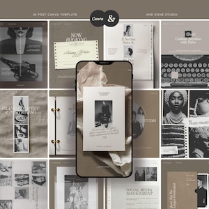Op de afbeelding: Een verzameling Canva-sjablonen voor Instagram-posts, met een verscheidenheid aan ontwerpen in neutrale tinten. De sjablonen bevatten tekstoverlays, zoals "Now Booking" en "Social Media Management", en afbeeldingen van mensen en objecten.