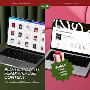 Puede incluir: Dos ordenadores port&aacute;tiles plateados con plantillas digitales. La pantalla izquierda muestra una cuadr&iacute;cula de dise&ntilde;os de Canva. La derecha muestra un calendario de contenidos de Notion con un icono de regalo blanco y una estrella verde con el texto BONUS! Notion Content Calendar.