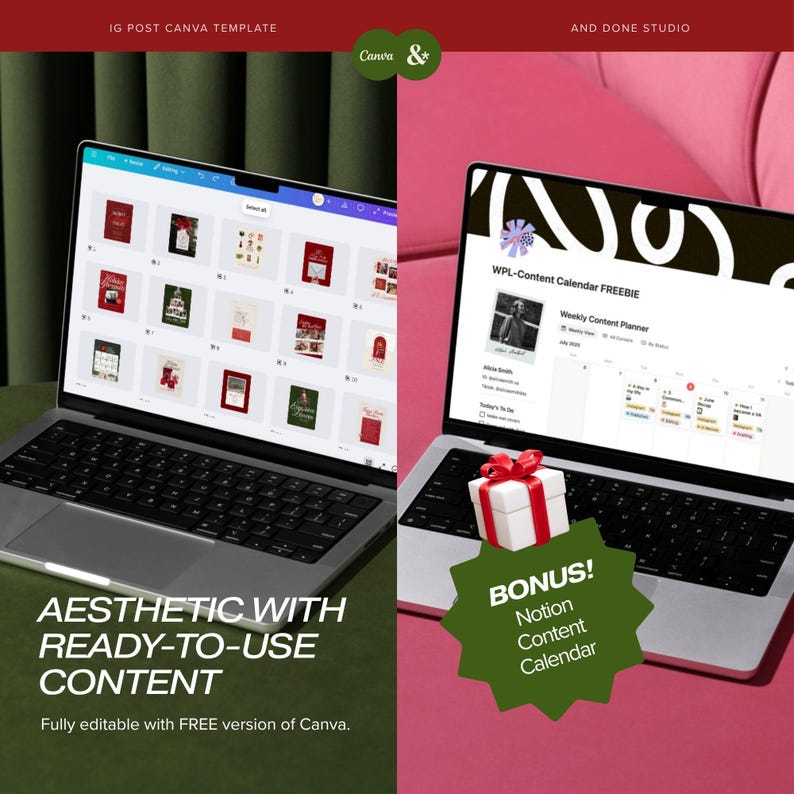 Puede incluir: Dos ordenadores port&aacute;tiles plateados con plantillas digitales. La pantalla izquierda muestra una cuadr&iacute;cula de dise&ntilde;os de Canva. La derecha muestra un calendario de contenidos de Notion con un icono de regalo blanco y una estrella verde con el texto BONUS! Notion Content Calendar.