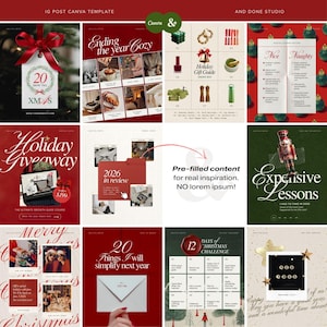 Puede incluir: Una colecci&oacute;n de plantillas digitales de Canva para publicaciones de Instagram con dise&ntilde;os tem&aacute;ticos navide&ntilde;os, paletas de colores festivos en rojo y verde, tipograf&iacute;a y dise&ntilde;os de cuadr&iacute;cula para contenido estacional y gu&iacute;as de regalos.