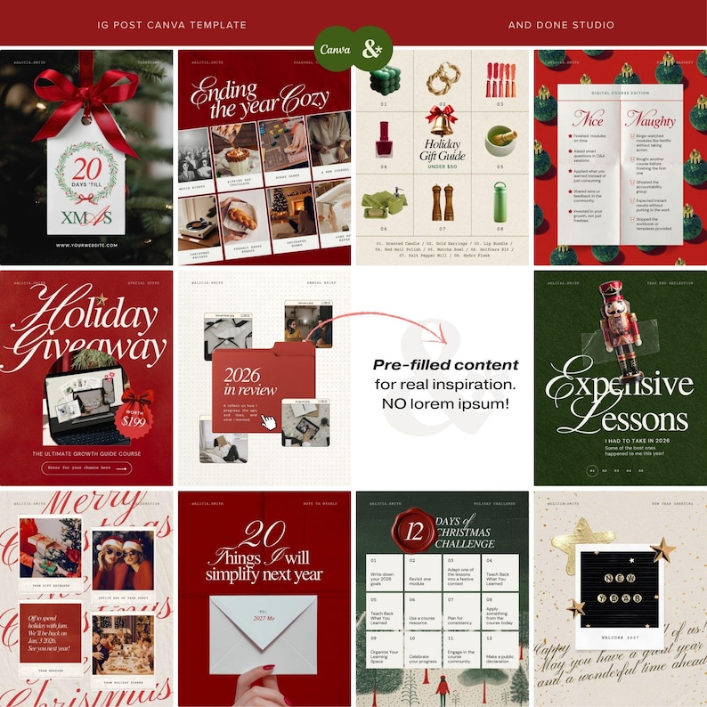 Puede incluir: Una colecci&oacute;n de plantillas digitales de Canva para publicaciones de Instagram con dise&ntilde;os tem&aacute;ticos navide&ntilde;os, paletas de colores festivos en rojo y verde, tipograf&iacute;a y dise&ntilde;os de cuadr&iacute;cula para contenido estacional y gu&iacute;as de regalos.