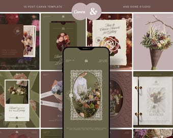 Florist Instagram Post Template Bundle, Wedding Organiser Social Media Kit, Flower Shop Dark Romantic Branding, Moody Aesthetic Marketing