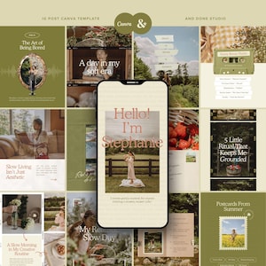 May include: A digital Canva template collection for Instagram posts featuring a smartphone in the center displaying a Hello I'm Stephanie graphic. The grid includes various layouts with earthy green tones, photography, and text overlays about slow living.