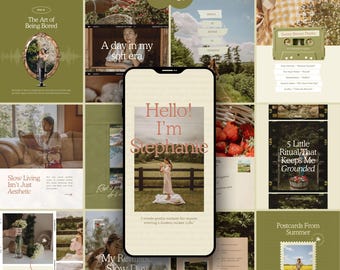 Puede incluir: Una colección de plantillas digitales de Canva para publicaciones de Instagram con un teléfono inteligente en el centro que muestra un gráfico de Hello I'm Stephanie. La cuadrícula incluye varios diseños en tonos verdes tierra, fotos y textos sobre vida lenta.
