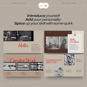 Pu&ograve; includere: Un modello di presentazione digitale con una palette di colori neutri beige e marrone. Il layout include sezioni intitolate Hello, A Bit About Me, Creative Work e Random Facts About Me, che incorporano fotografie in bianco e nero e testo rosso.