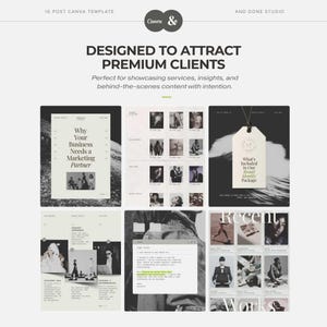 May include: A digital marketing template with the Canva and Done Studio logos. The design includes text that reads "Designed to Attract Premium Clients" and "Why Your Business Needs a Marketing Partner."