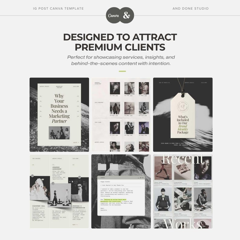 May include: A digital marketing template with the Canva and Done Studio logos. The design includes text that reads "Designed to Attract Premium Clients" and "Why Your Business Needs a Marketing Partner."