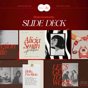 May include: A slide deck design with a bold aesthetic, featuring the text "Bold Aesthetic SLIDE DECK". The design includes various layouts with images and text, including "Alicia Smith Portfolio" and "Let's Get To Work!"