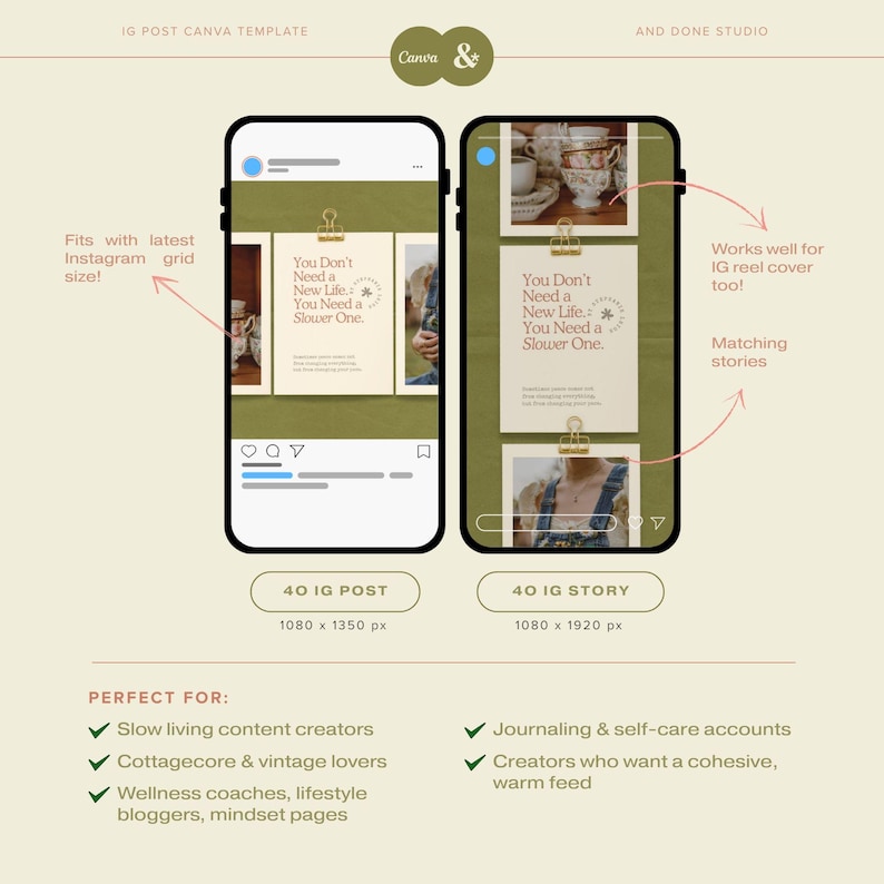 Peut inclure: Mod&egrave;le num&eacute;rique pour publications et stories Instagram, affich&eacute; sur deux &eacute;crans de smartphone. Le mod&egrave;le pr&eacute;sente une palette de couleurs neutres avec le texte "You Don't Need a New Life; You Need a Slower One." Id&eacute;al pour les cr&eacute;ateurs de contenu.