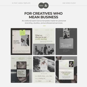 May include: A Canva template design with the text "FOR CREATIVES WHO MEAN BUSINESS." The template includes examples of social media posts with text and images, showcasing branding and professional services. The Canva and Done Studio logos are visible.