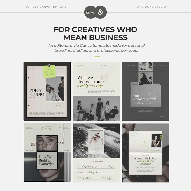 May include: A Canva template design with the text "FOR CREATIVES WHO MEAN BUSINESS." The template includes examples of social media posts with text and images, showcasing branding and professional services. The Canva and Done Studio logos are visible.