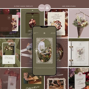 May include: A digital Canva template collection for Instagram posts featuring floral themes in muted earth tones. The designs include various layouts with text overlays like Create Your First Bouquet, How to Choose Flowers for Gifting, and Our Services.
