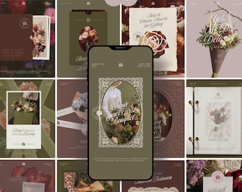 Instagram-Post-Vorlagenpaket für Floristen, Social-Media-Kit für Hochzeitsplaner, Dunkel-romantisches Branding für Blumenläden, Stimmungsvolle romantische Ästhetik