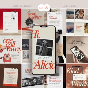 Op de afbeelding: Een smartphone toont een social media sjabloon met een centrale polaroid-stijl foto van een persoon, de tekst Hi, I'm Alicia, en Virtual Assistant, omringd door een raster van diverse digitale marketing post ontwerpen in rood, beige en wit.