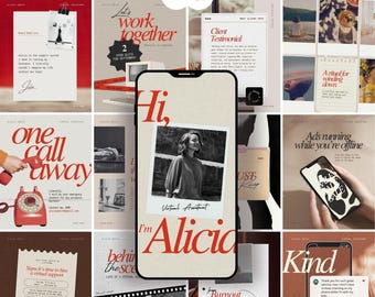 Puede incluir: Un smartphone que muestra una plantilla de redes sociales con una foto central estilo polaroid de una persona, el texto Hi, I'm Alicia, y Virtual Assistant, rodeado por una cuadrícula de varios diseños de publicaciones de marketing en rojo, beige y blanco.