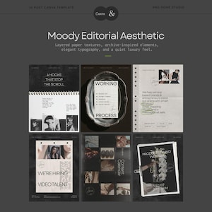 Puede incluir: Un conjunto de plantillas digitales de Canva titulado Moody Editorial Aesthetic que presenta seis dise&ntilde;os distintos. Los dise&ntilde;os incluyen texturas de papel en capas, elementos inspirados en archivos y tipograf&iacute;a. El texto incluye 4 Hooks That Stop The Scroll, Working Process, We Are Hiring Video Talent y Product Styling Webinar.