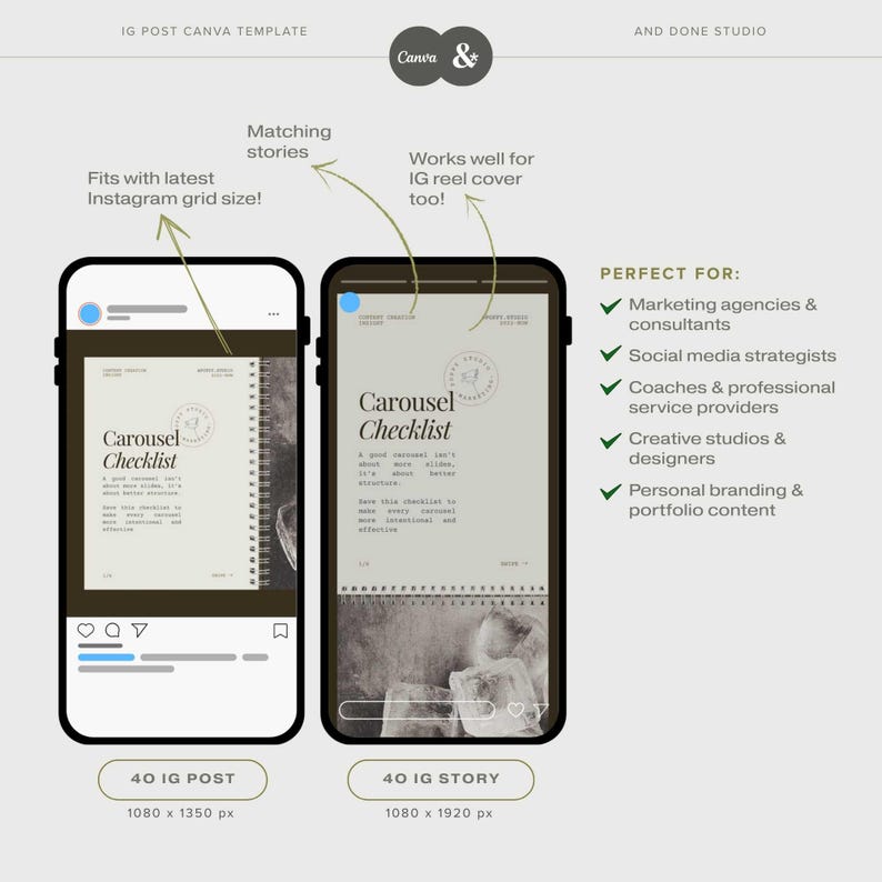 May include: A digital marketing template for Instagram, showcasing a "Carousel Checklist" design on two smartphones. The template is designed for both IG posts and stories, with dimensions of 1080 x 1350 px and 1080 x 1920 px, respectively. The Canva & And Done Studio logo is visible.