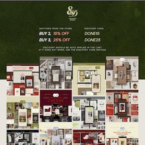 May include: A digital marketing graphic featuring the And Done Studio logo, discount offers for store items, and a collage of various website and social media templates in shades of olive green, deep red, beige, and brown with text overlays.
