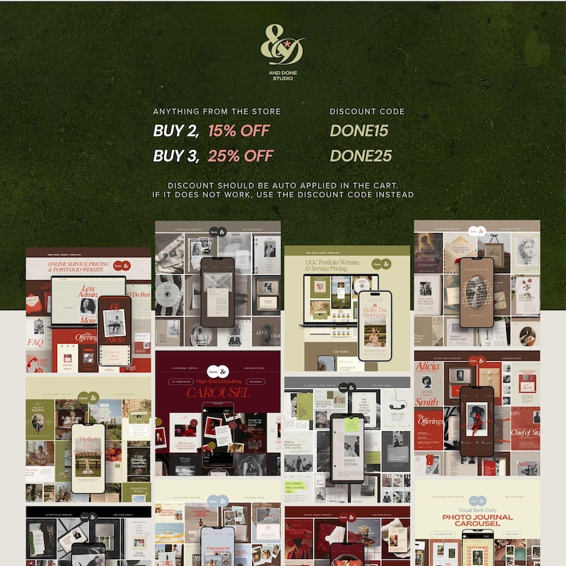 May include: A digital marketing graphic featuring the And Done Studio logo, discount offers for store items, and a collage of various website and social media templates in shades of olive green, deep red, beige, and brown with text overlays.