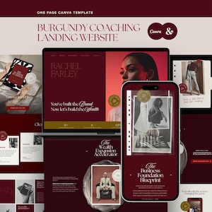 May include: A burgundy coaching landing website Canva template featuring a laptop and smartphone displaying web pages with the text Rachel Farley, You've built the Brand, Now let's build the Wealth, and The Business Foundation Blueprint.