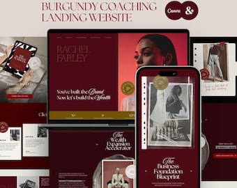 Website-Vorlage für Business-Coaches, redaktionelle burgunderrote One-Page-Canva-Website für Lead-Magnete, Landingpage für luxuriöse Masterclass-Kurse, F1