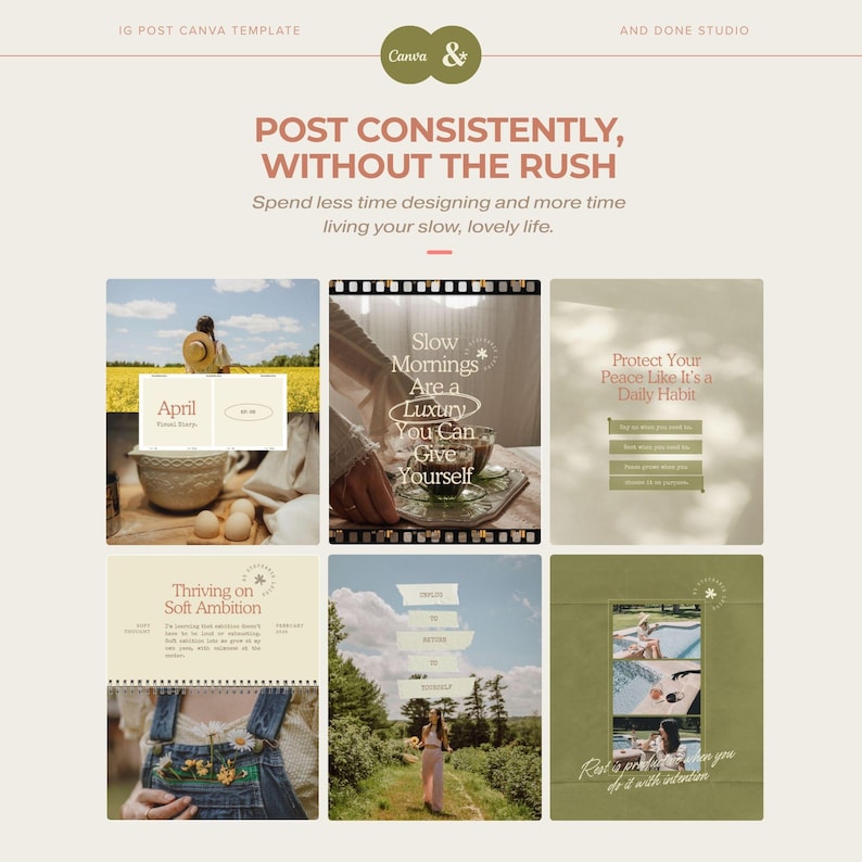 Peut inclure: Mod&egrave;le Canva pour publications Instagram, aux couleurs douces et neutres. Le design comprend le texte &laquo;&nbsp;Publiez r&eacute;guli&egrave;rement, sans vous presser&nbsp;&raquo; et pr&eacute;sente des images de style de vie avec des superpositions de texte, promouvant une approche d&eacute;tendue des r&eacute;seaux sociaux.