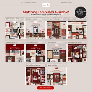 May include: A digital collection of Canva templates featuring red, white, and beige color schemes. The layout displays various social media post designs, carousel templates, a presentation deck, a welcome guide, and an ebook template.