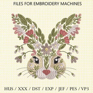 Floral Bunny Embroidery Design, Bunny Machine Embroidery Design, Bunny Pattern File, Rabbit Embroidery Design, Instant Download 6 sizes