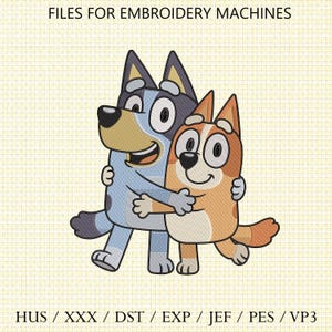 Bluey embroidery design, cartoon dog machine embroidery, Bluey and Bingo hug each other, kids shirt embroidery, digital file
