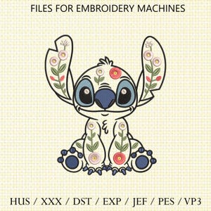 Floral Stitch Embroidery Design, Stitch Cute with Flowers, Cute Blue Alien Embroidery Design, Digital Machine Embroidery File