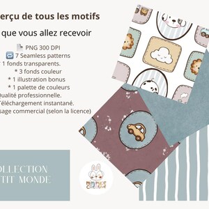 Peut inclure: Une collection numérique intitulée COLLECTION PETIT MONDE comprenant sept motifs sans couture avec des illustrations d'animaux, de nuages et de voitures dans des tons bleu, marron et blanc. L'ensemble inclut des fichiers PNG 300 DPI et des palettes.
