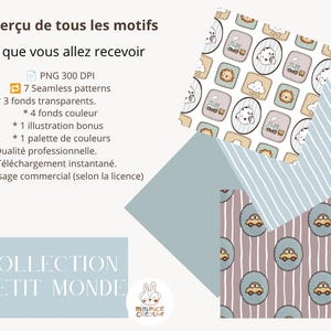 Peut inclure: Une collection numérique intitulée COLLECTION PETIT MONDE comprenant sept motifs sans couture avec des illustrations de trains, nuages, lions et voitures dans des tons doux de bleu, marron et blanc. L'ensemble inclut des fichiers PNG et une palette.